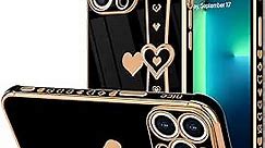 for iPhone 13 Pro Case Cute Love-Heart Plating Strap Phone Cover for Women Girls Bling Soft Silicone Camera Lens Protection Bumper Shockproof Phone Case for iPhone 13 Pro (6.1'') - Black