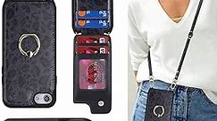 for iPhone 7 Plus / 8 Plus Case with Card Holder and Strap for Women,Crossbody Lanyard,Kickstand Ring Stand,Snap Clasp,Cute Phone Wallet Cases 5.5 inch(Black Leopard)