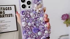 Threesee for iPhone 14 Pro Max Bling Case,Luxury Crystal Rhinestone Flowers Glitter Diamond Pearl Women Girls Kids Cover with Lanyard for iPhone 14 Pro Max 6.7 inch