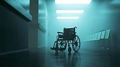 03004 Standard manual wheelchair in empty, foggy hospital corridor. Zoom in camera.