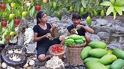 Pick egg and red apple for survival food, Mouth watering Green mango Vs salt chili Eating delicious
