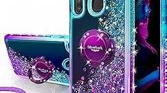 Silverback for Galaxy A21 Case, Moving Liquid Holographic Sparkle Glitter Case with Kickstand, Bling Diamond Rhinestone Bumper W/Ring Slim Protective Samsung Galaxy A21 Case for Girls Women -Purple