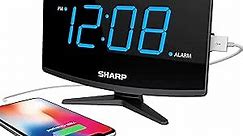 Sharp Digital Alarm Clock - Large Display with High/Low Brightness – Charge Phone with FastCharge 2 Amp Power Port for USB - Modern Design - Jumbo Blue LED Digit Display – Black