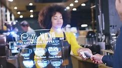 Beautiful Barista Woman Servicing Client At Cafe Bar Futuristic Hud Display Menu Wireless Payment Near Future Concept Red Epic 8K