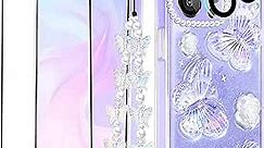 Goocrux (4in1 Case for Apple iPhone 12 Pro Max 3D Butterfly Clear Design Aesthetic Women Teen Girls Glitter Pretty Crystal Sparkle Sparkly Cute Girly Phone Cases+Chain+Camera Cover+Screen Protector