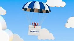 SAMSUNG logo on moving box moves under parachute. Editorial loopable 3D animation