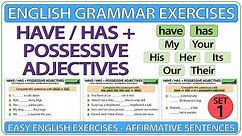 Have / Has + Possessive Adjectives – Easy English Grammar Exercises – Affirmative Sentences