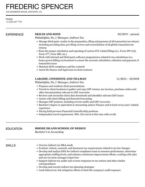 Resume For Indirect Tax Resume Samples Indirect Tax Manager North America Indirect Taxes Resume Example