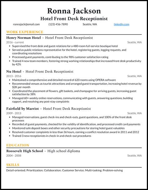 Resume Job Description For Front Desk Agent Employment