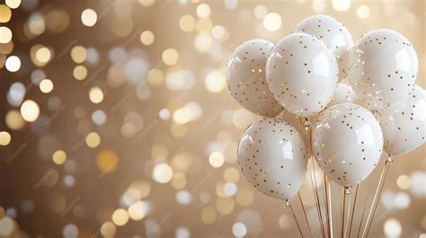 White balloons with gold confetti on a blurred golden background ...