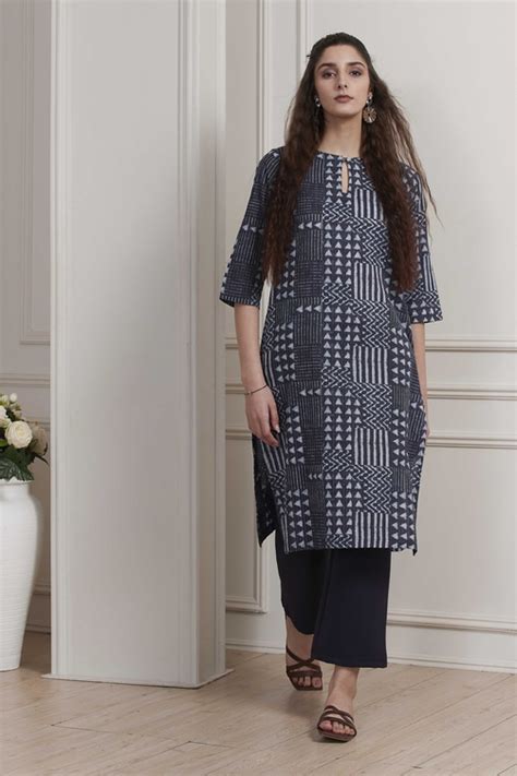 Buy Blue Cotton Printed Straight Kurta Online at Biba Global
