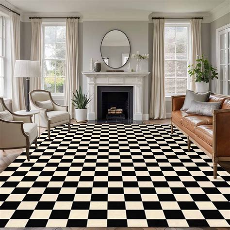 Black Beige Checkered 8x10 Area Rugs for Living Room, Abstract ...
