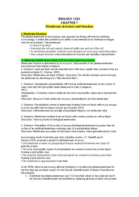BIOLOGY 1501 CHAPTER 7 Membrane Structure and Function Notes - Studocu