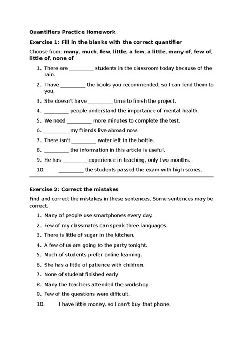 Quantifiers Practice Homework Exercise 1: Fill in the Blanks - Studocu