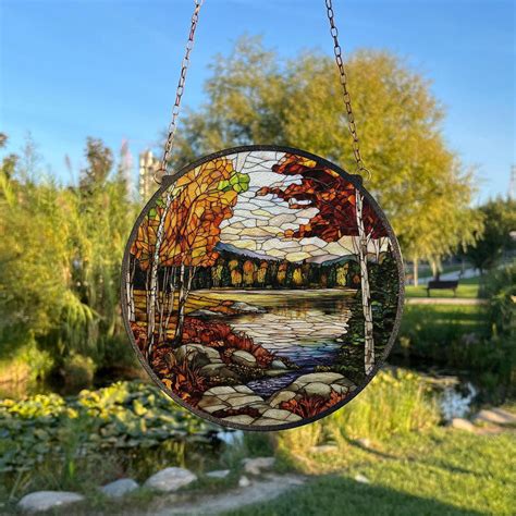 BLESSING DECOR Autumn Trees Landscape Glass Suncatcher, Fall Season Window Art, Nature Lover 7.9 ...