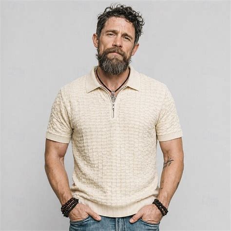 Men's Polo Shirts Cable Knit Polo Casual Turndown Short Sleeve Solid ...