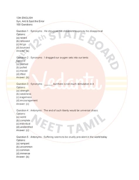 12th ENGLISH Synonyms, Antonyms & Spot the Error Questions - Studocu