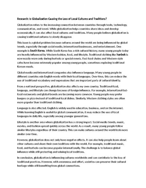 Research: Impact of Globalization on Local Cultures and Traditions ...