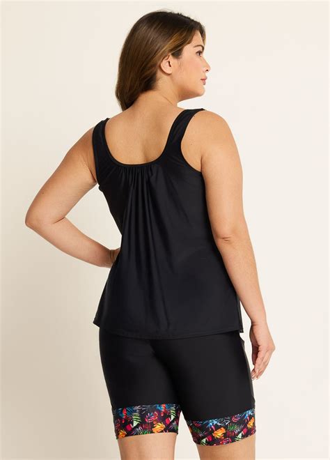 Plus Size Women's Full Coverage Two Piece Tankini With Shorts Built-In Bra Unique Black Tropical ...