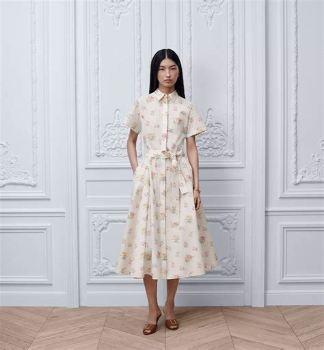Mid-Length Belted Shirtdress Ecru Cotton Poplin with Multicolor Dior ...