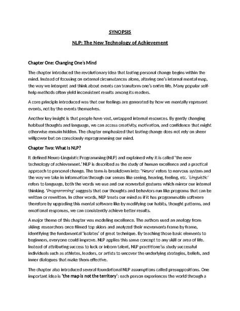 SYNOPSIS NLP 101: The New Age Technology of Achievement - Studocu