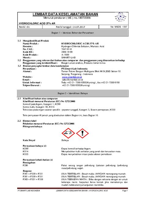 MSDS HCL (Hydrochloric Acid) Bahasa Indonesia - Revisi 01 - Studocu