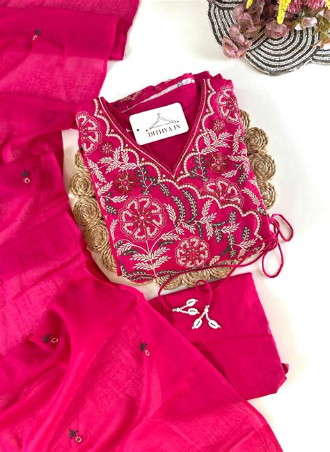 K694 - Mul cotton embroidered Anarkali with pants and dupatta – Dithya.in