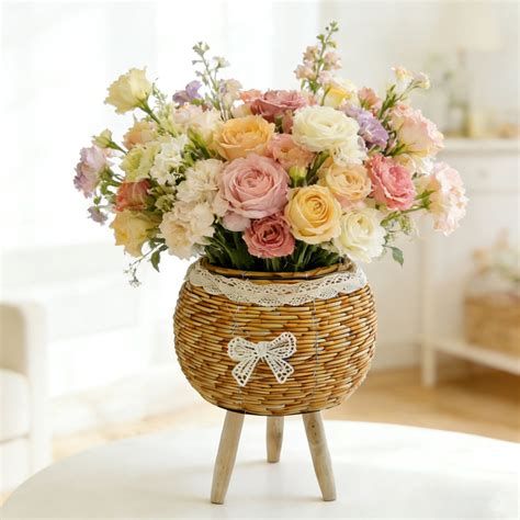 YANDE-Wooden Plant Stand Indoor, Woven Style Plant Stand with Wooden ...