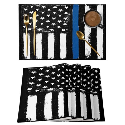Blue American Flag Placemats Set of 12 Black White Stars Stripe US Flag ...