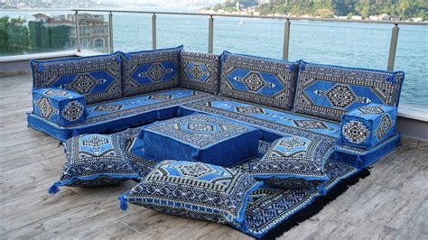 Light Blue Palace Elegance: L Shaped Floor Sofa Set – Arabic Floor Sof