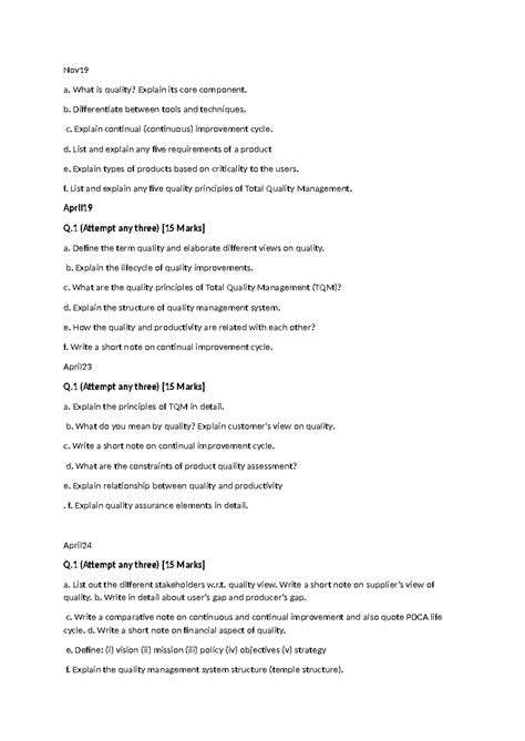 STQA Unit Question Paper: Quality Management & TQM Principles - Studocu