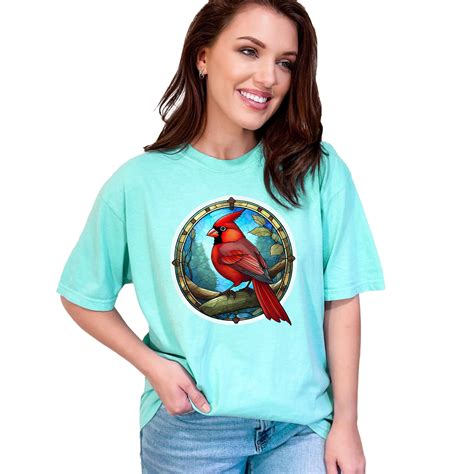 Beautiful Cardinal Bird Stained Glass Art Print T-Shirt, Vibrant Red ...
