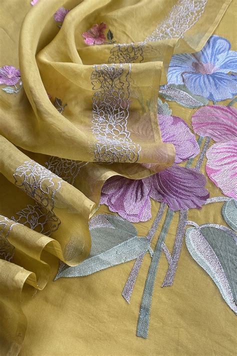 Yellow Pure Organza Unstitched Suit With Tropical Hibiscus Embroidery ...