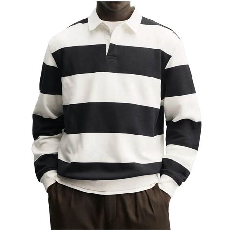 Mineart Men's Wide Striped Rugby Polo Shirt Collared Long Sleeve Button ...