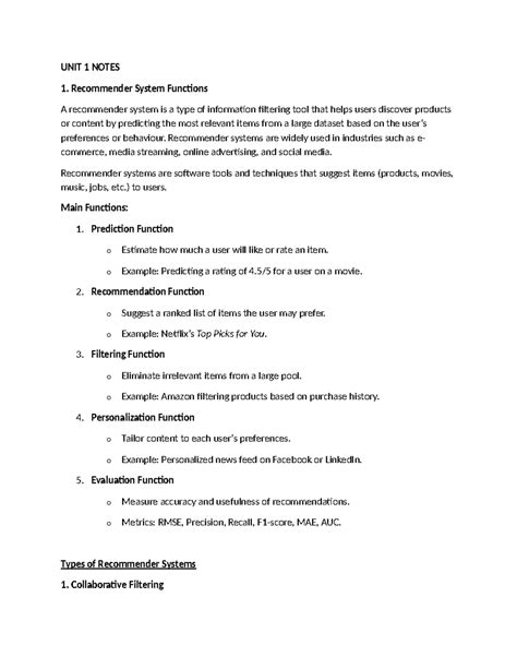 UNIT 1 NOTES: Functions & Types of Recommender Systems - Studocu