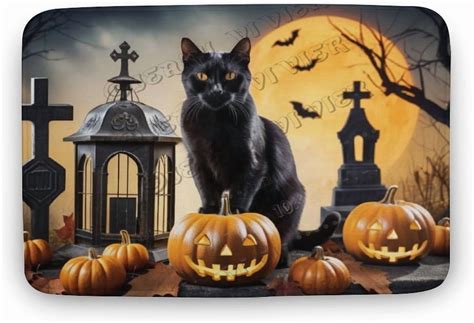 Black Cat with Pumpkin Printed Coral Velvet Bath Rug Funny Bathroom Rug ...