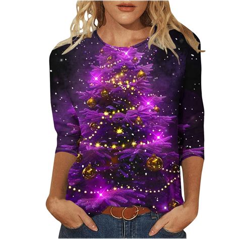 2025 Christmas Shirts for Women Shinny Xmas Tree Printed Tees Plus Size ...