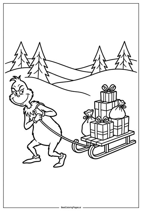 Grinch with sleigh Coloring Page - Free Printable | BestColoringPages AI