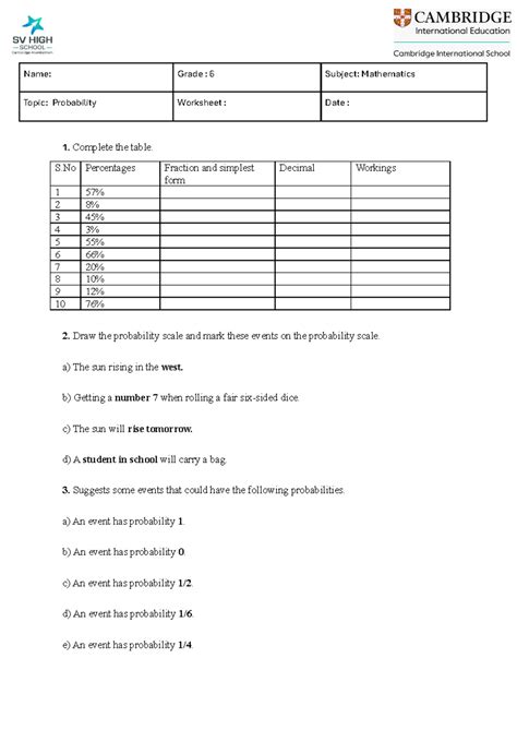 Mathematics Grade 6 Probability Worksheet - Studocu