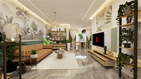 Eclectic Living Room with Tropical and Mid-Century Modern Elements