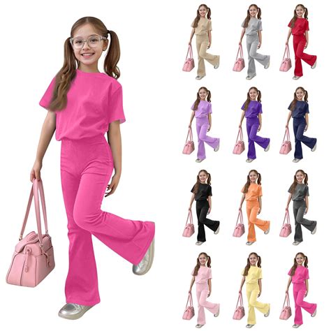 BVWKPCV Girls 2 Piece Outfits Summer Casual T-Shirt Tops & Flare Pants ...