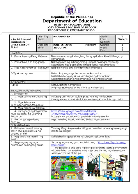 Q1 Makabansa W1 D1 Daily Lesson Plan - June 16, 2025 - Studocu