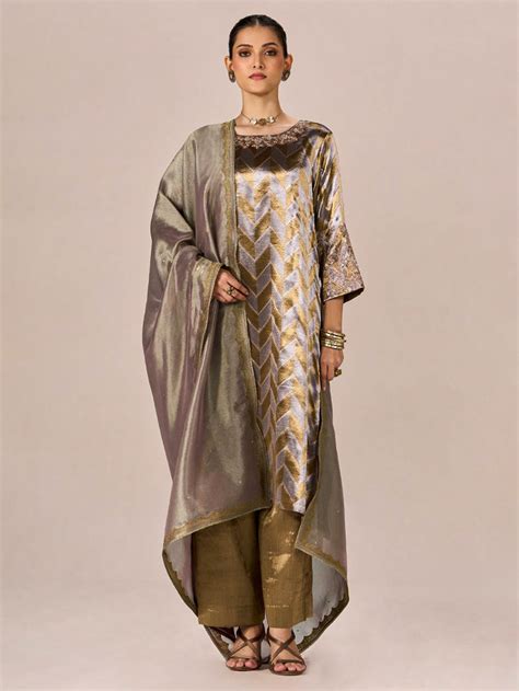 Golden Grey Embroidered Jacquard Banarasi Tissue Suit - Set of 3