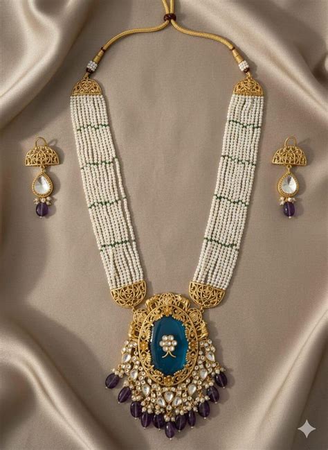 Buy Royal Pearl Kundan Necklace Set With Black Onyx & Purple Amethyst ...