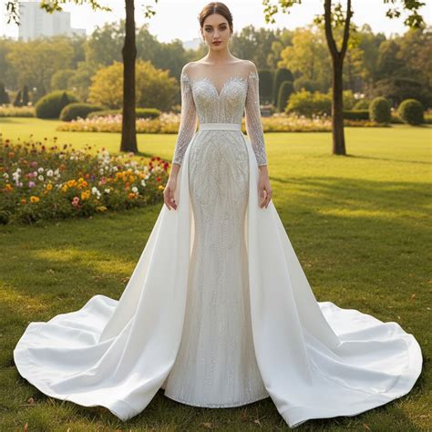 Elegant 2 in 1 Detachable Tulle Mermaid Wedding Dress with O-neck – Rosymae