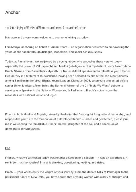 Anchor - Prachi Sharma's Inspiring Speech at Aamanitvam Event - Studocu