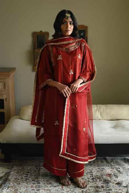 Buy Red Tussar, Cotton, Silk Embroidery, Lace Stripe Zardozi Kurta And ...