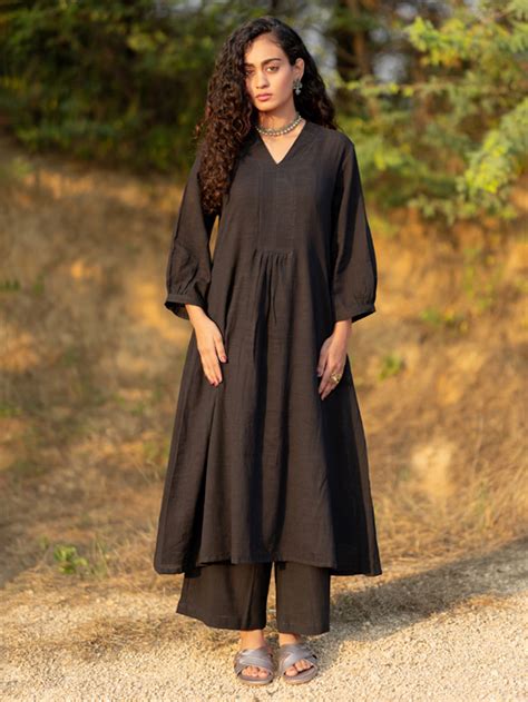 Black Cotton Slub Kurta with Pants- Set of 2