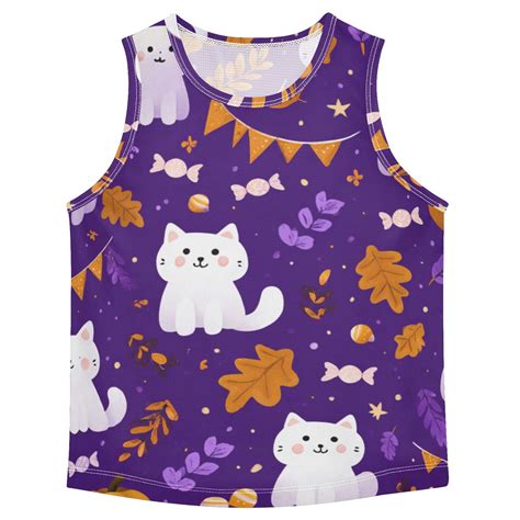 Cute Cat Specter Leaves Pumpkins Candy Halloween Vest Undershirt Tank ...