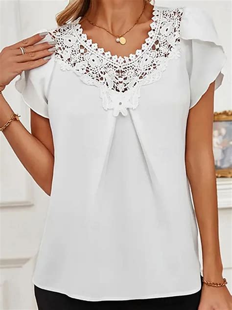 Women's T Shirt Tee Top Lace Patchwork Plain Fashion Stylish Classic ...